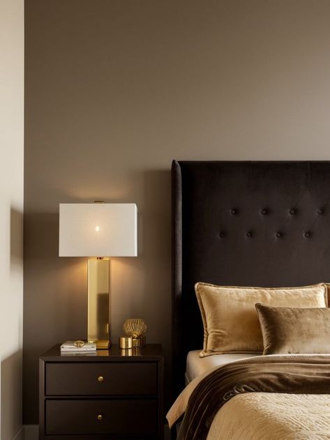 Dark Beige Accent Wall, Beige Accent Wall, Beige And Gold Bedroom, Gold Bedside Lamps, Dark Accent Walls, Beige Bed, Gold Bedroom, Brown Bedroom, Bedside Lamps