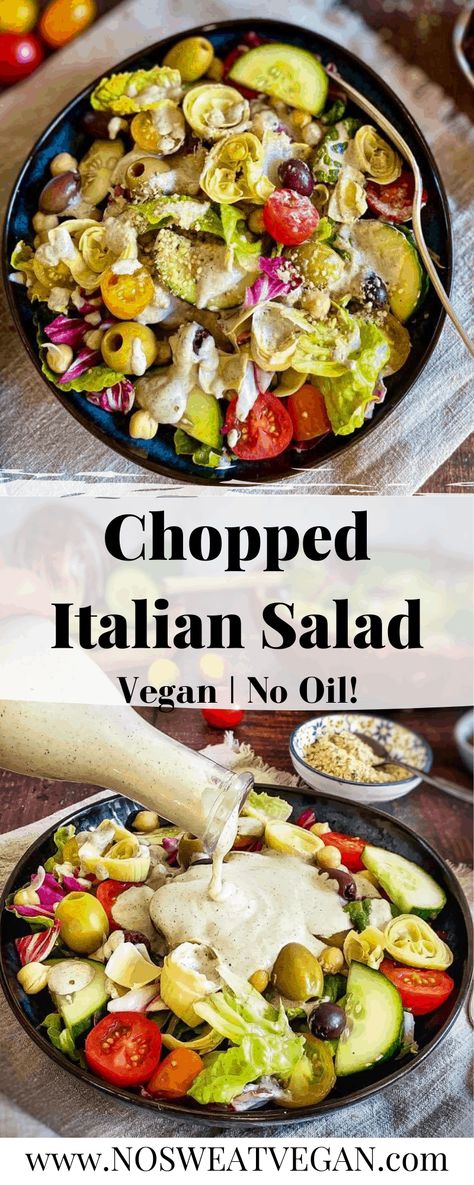 This Vegan Italian Salad is bright and fresh. Chop up your veggies, whip up a creamy Italian Dressing, and toss it all together in less than 15 minutes. With a variety of colors and flavors, this quick salad can be the perfect side dish or stand alone as a main. #vegansalad #healthysalad #Italiansalad #quicksalad #veganrecipes #easyveganrecipes #summersalads #sidesalads Healthy Oil, Chopped Salad Recipes, Italian Chopped Salad, Quick Salads, Vegan Italian, Vegan Salad Recipes, Italian Salad, Eating Clean, Lunch Salads