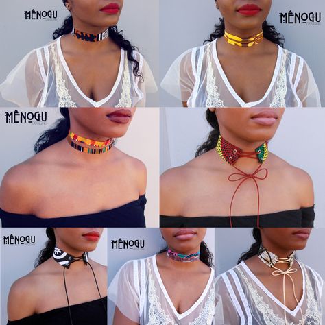 African Chokers in different shades and styles exclusively made by Menogu Designs  Shop: www.MenoguDesigns.com   Chokers, Ankara chokers, choker necklace, style, lace up Ankara Designs For Ladies, African Choker, African Print Outfits, Traditional Nigerian Wedding, Western Fabric, Outfits For Black Women, Afro Fashion, Ankara Tops, Ankara Designs