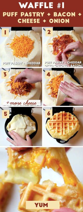 Here's how to make it: 1. Spray both sides of your waffle maker with nonstick cooking spray, then lay a sheet of puff pastry dough down on the bottom half. Sprinkle a layer of cheese in the center of the waffle.2. Add onions and crumbled-ish bacon. 3. ADD MORE CHEESE. MOAR. 4 and 5. Fold in the edges of your pastry dough and seal the edges (otherwise, the cheese might leak out while it's cooking). 6. Close your waffle maker, and cook until the puff pastry is golden brown and ~delicious~. It'l... Patachou Pastry, Puff Pastry Bacon, Waffle Wednesday, Make Waffles, Waffle Iron Recipes, Waffle Maker Recipes, Foods With Iron, Maker Ideas, Choux Pastry