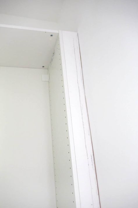 Easy Hack to Build-In an IKEA Pax Wardrobe - A Beautiful Mess Ikea Pax Closet Trim, Ikea Pax Grimo Door Handles, Ikea Pax Trim, How To Build In Ikea Pax Wardrobe, Ikea Pax Paint Match, Build In Pax Wardrobe, Pax 75 Cm Ikea Door, Ikea Pax Wardrobe Alcove, Forsand Ikea Pax Wardrobe