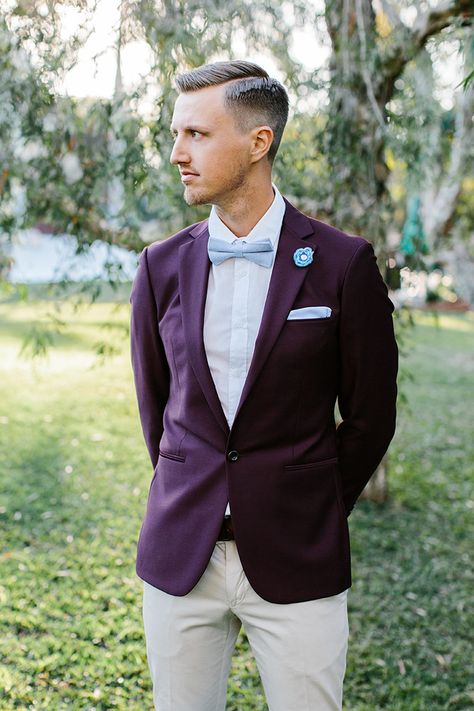 Plum suit jacket with baby blue bow tie and pocket square | Camilla Kirk Photography Suits Men Purple, Purple Groom, Wedding Groom Suit, Light Blue Bow Tie, Bow Tie Men, Suit Pocket, Neutral Pants, Purple Blazer, Summer Garden Wedding