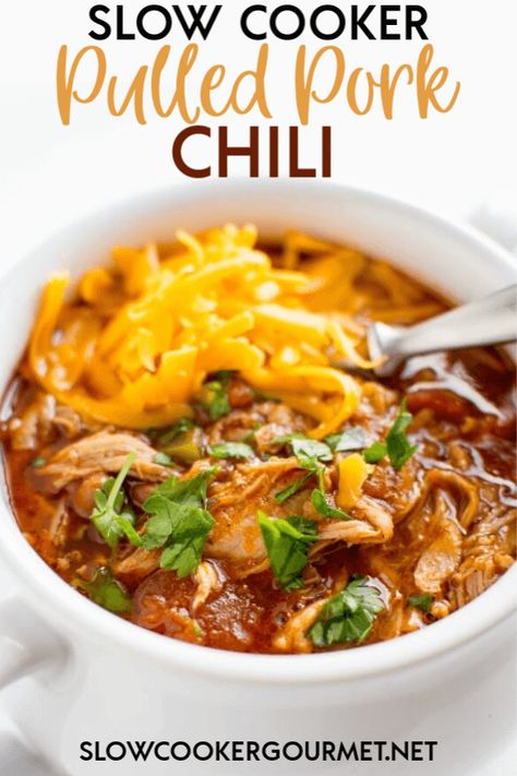 Slow Cooker Pulled Pork Chili - Slow Cooker Gourmet Pork Chili Recipe, Pulled Pork Chili, Pork Chili, Crockpot Pulled Pork, Crockpot Chili, Slow Cooker Pulled Pork, Slow Cooked Meals, Slow Cooker Chili, Chicken Tortilla Soup