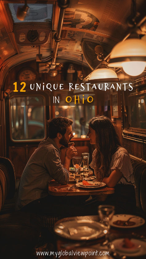 Vintage-style image of a couple enjoying a romantic dinner in a cozy, dimly-lit restaurant with retro decor and warm lighting, one of the most unique restaurants in Ohio. Haunted House Restaurant Ohio, Best Places To Eat In Columbus Ohio, Best Restaurants In Cincinnati Ohio, Best Restaurants In Cleveland Ohio, Columbus Ohio Restaurants, Vermillion Ohio, Things To Do In Ohio, Downtown Columbus Ohio, Berlin Ohio