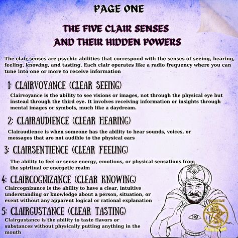 Do you have a hidden psychic ability? Unlock the secrets of the clair senses and see if you can tune into one or more of these frequencies to receive information from the world around you! The five clair senses are: Clairvoyance: the ability to see visions or images through your third eye Clairaudience: the ability to hear sounds, voices, or messages that aren't audible to the physical ears Clairsentience: the ability to feel or sense energy, emotions, or physical sensations from the spi... 7 Psychic Senses, Clairaudience Psychic Abilities, Clairsentience Development, Clairsentience Psychic Abilities, Clair Senses, Clairvoyant Psychic Abilities, Spiritual Learning, Paganism Spells, Spiritual Psychology