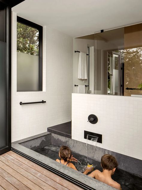 Outside Bath, Separate Toilet Room, Contemporary Remodel, Japanese Soaking Tubs, Folding Glass Doors, Outdoor Tub, Spa Like Bathroom, Bathroom Idea, Unique Bathroom