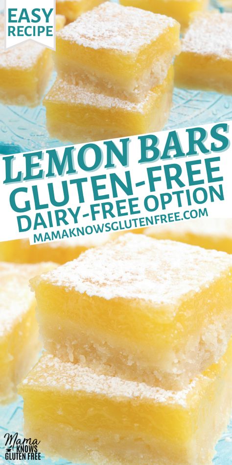 Gluten-free lemon bars on a teal glass cake plate. Cookies Sans Gluten, Gluten Free Lemon Bars, Glutenfri Baking, Gluten Free Dairy Free Dessert, Dairy Free Baking, Patisserie Sans Gluten, Dessert Sans Gluten, Easy Gluten Free Desserts, Lemon Bars Recipe