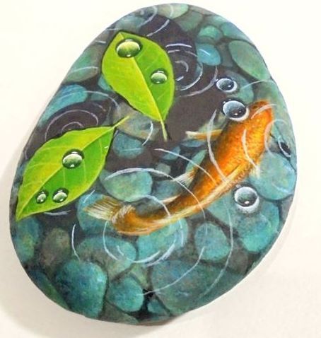 Leaves With Water Drops, Water Acrylic Painting, Orange Koi Fish, Painted Pendants, Orange Koi, Swimming Fish, Pond Painting, Painted Pebbles, Painted Rock Animals