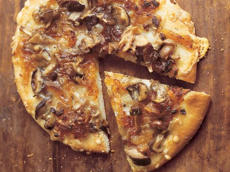 Wild Mushroom Pizza With Caramelized Onions, Fontina, and Rosemary Wild Mushroom Pizza, Boboli Pizza Crust, White Wine Reduction, Rosemary Pizza, Overnight Pizza Dough, Caramelized Onion Pizza, Onion Pizza, Carmelized Onions, Dried Porcini Mushrooms