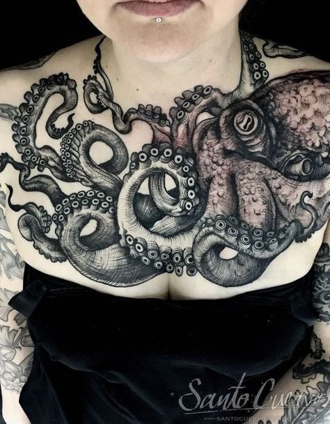 octopus tattoo | 2022-10-31 Kraken Chest Tattoo, Octopus Neck Tattoo, Octopus Tattoo Chest, Octopus Tattoos Chest, Chest Tattoo Woman, Octopus Chest Tattoo, Tentacle Tattoo, Kraken Tattoo, Filigree Tattoo