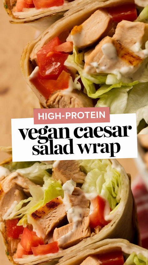 Enjoy the classic Caesar flavors in a high-protein vegan wrap! This easy recipe features crispy lettuce, tangy vegan dressing, and a tasty protein source like chickpeas or tempeh for a filling, healthy lunch or dinner option. Quick, fresh, and delicious! #PlantBasedProtein #CaesarWrap #HealthyVegan Caesar Salad Wrap, Wraps Recipes Easy, Vegan Wrap, Vegan Caesar Salad, Salad Wrap, Vegan Caesar, Vegan Dressing, Wrap Recipe, Vegan Wraps