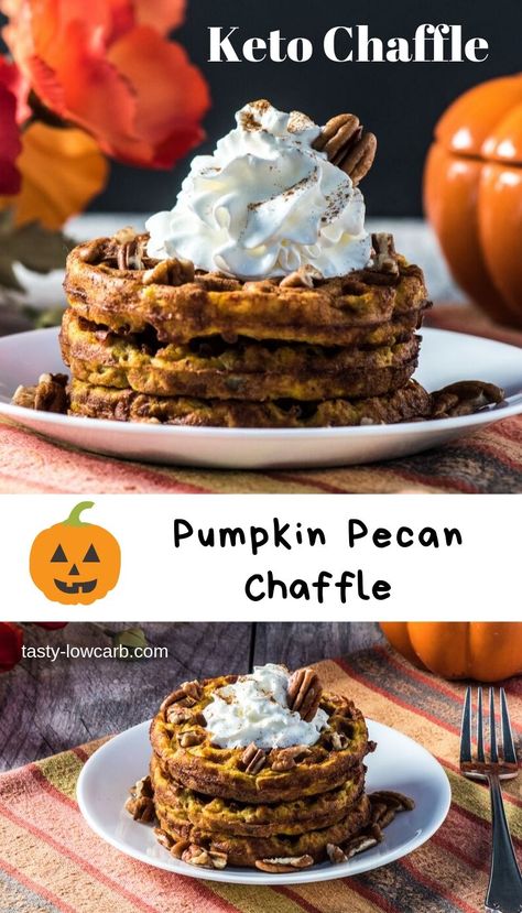 A yummy Chaffle dessert that tastes like pumpkin pie - with pecans and whipped cream! Ready for Fall! Pumpkin Chaffle, Fall Recipes Snacks, Healthy Pumpkin Dessert, Keto Fasting, Chaffle Recipes, Low Carb Waffles, Keto Chaffles, Keto Chaffle, Waffle Maker Recipes