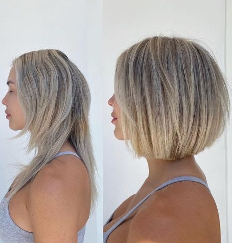 Short Blonde Bob Before and After Ash Blonde Short Hair, Short Blonde Hairstyles, Short Blonde Bob, Blonde Bob With Bangs, Shoulder Length Blonde, Short Blonde Bobs, Short Hair Highlights, Short White Hair, Dark Ash Blonde