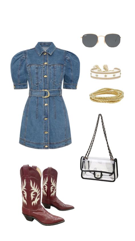 Denim Dress Country Outfit, Cowboy Boot Gameday Outfit, Spring Mini Denim Dress With Ruffles, Denim Romper Country Concert, Preppy Country, Denim Dress With Cowbiy Boots, Country Concerts, Concert Outfits, Country Concert