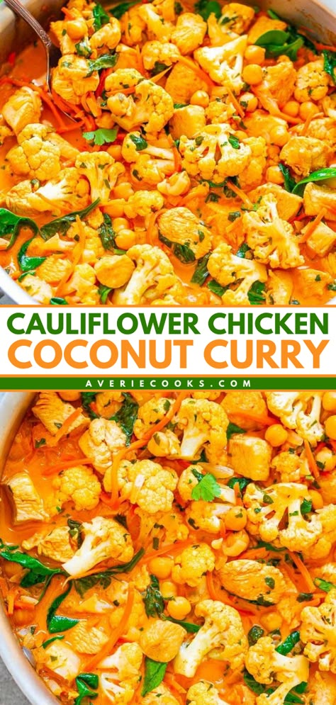 You're just 20 minutes away from this Thai curry! This healthy recipe is an easy comfort food in one skillet. Simmered in a coconut milk broth with chicken, cauliflower, and other veggies, this chickpea curry is a healthy dinner idea that tastes better than a restaurant's! Califlower Curry, Thai Chicken Coconut Curry, Crockpot Cauliflower, Chicken Coconut Curry, Cauliflower Chickpea, Cauliflower Chicken, Chicken Coconut, Chicken Cauliflower, Sweet Potato Curry