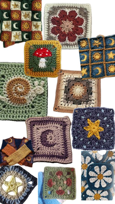 Granny Square Crochet Pattern Aesthetic, Crochet Earth Granny Square, Mushroom Crochet Square, Big Granny Square Pattern, Trippy Granny Square, Fun Granny Squares, Crochet Retro Flower Granny Square, Crochet Clothing And Accessories, Crochet Blanket Designs