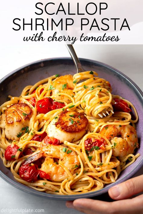 This scallop shrimp pasta with burst cherry tomatoes is perfect as not only quick and easy weeknight meals but also fancy date night dinners. It is so flavorful with sweetness from fresh seafood and umami from burst tomatoes. #pastarecipes #linguine #scallop #shrimp Scallop And Shrimp Pasta, Scallop Recipes Pasta, Shrimp And Scallop Recipes, Burst Cherry Tomatoes, Burst Tomatoes, Pasta With Cherry Tomatoes, Scallop Pasta, Fancy Date, Fancy Date Night