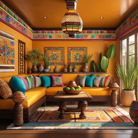 Mexican Villa Interior Design, Mexican Living Room, Blue Kitchen Interior, Spanish Living Room, Living Room Floor Plans, Colorful Room Decor, Small Couch, Mexican Home Decor, Living Room Orange