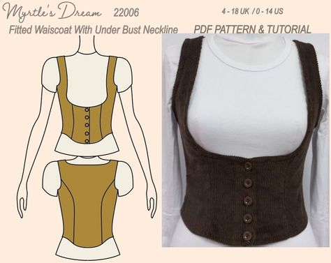 Pattern. Fitted waistcoat, with under bust neckline. In sizes 4-18 UK. Easy sewing project. Fitted Waistcoat, Advanced Sewing Projects, Vintage Clothes Patterns, Vest Sewing Pattern, Sewing Design, Vest Pattern, Diy Sewing Clothes, Easy Sewing Projects, Sewing Project