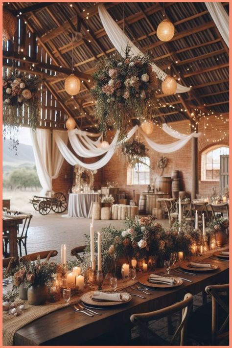 Rustic wedding reception in a barn with elegant floral arrangements, hanging lights, and candles on wooden tables. Rustic Wedding Favor Table, Natural Rustic Wedding Decor, Small Barn Wedding Ideas, Farm Wedding Aesthetic, Small Barn Wedding, Formal Decor, Romantic Barn Wedding, Barn Wedding Ideas, Renewing Vows