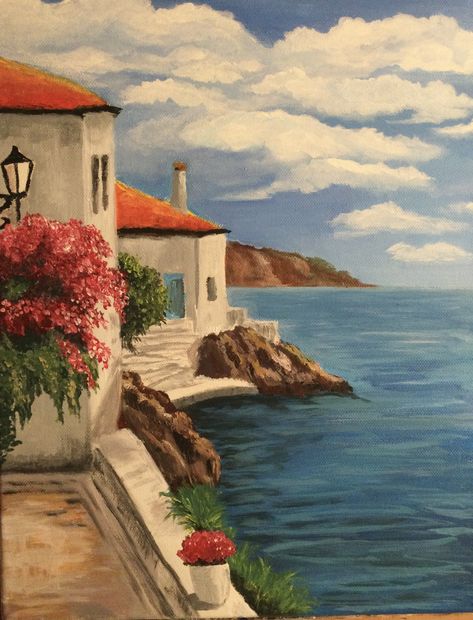 Painting Idea Landscape, Landscape Painting Ideas Nature, Painting Ideas On Canvas Greece, Pretty Scenery Paintings, Spain Painting Easy, Painting Ideas Difficult, Easy Paintings Landscape, Painting Ideas On Canvas Landscapes, Landscape Art Ideas