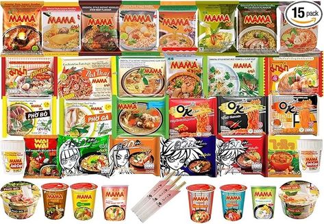 Amazon.com : HCG Thai Ramen Noodles Variety Pack with Mama Soup and Wai Wai Quick Instant Noodle, Pack of 15 with chopsticks, 18 Piece Set : Grocery & Gourmet Food Thai Mama Noodles, Thai Ramen, Mama Noodles, Instant Noodle, Ramen Noodles, Variety Pack, Gourmet Food, Pad Thai, Chopsticks