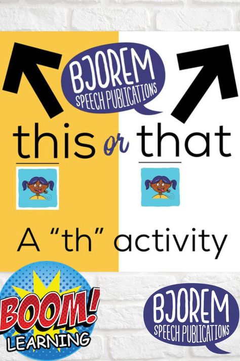 This or That is a fun way to target "th" in this and that in high repetitions. Kids can choose between fun and sometimes silly choices or not chose at all! The voiced th Bjorem Speech Sound Cue is included on each boomcard! #bjoremspeech #boomlearning #boomcards #speechtherapy #teletherapy #boomcardsforspeechtherapy Bjorem Speech, Language Goals, M Learning, Phonological Awareness, Speech Therapy Activities, Speech Language Pathologists, Early Literacy, Boom Cards, Free Learning