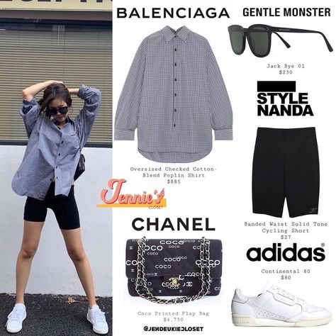 BLACKPINK JENNIE'S CLOSET on Instagram: “190825 - @jennierubyjane Instagram update ⠀ ⠀ ⠀  #JENNIE #제니 #BLACKPINK #블랙핑크 #Balenciaga • Oversized Checked Cotton-Blend Poplin Shirt…” Jennie Closet, Blackpink Closet, Chanel Rose, Oversized Shirt Outfit, Korean Airport Fashion, Confident Outfit, 90s Street Style, Cute Sweatpants Outfit, Jennie Chanel