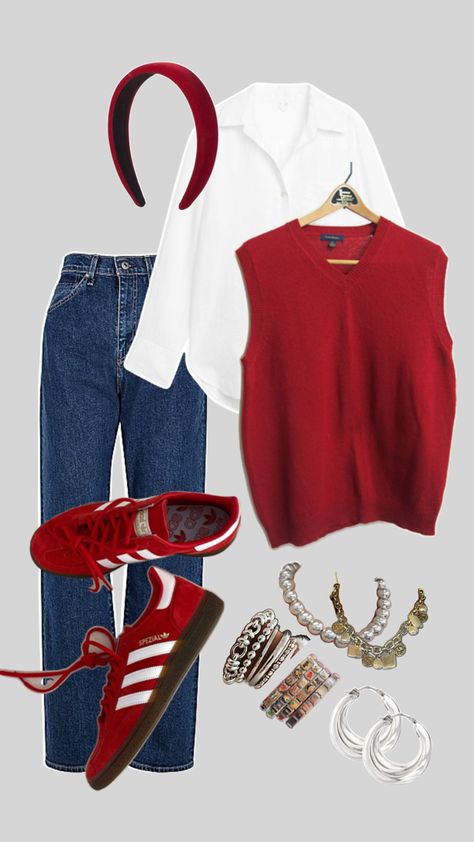 White Button up with red Spencer sweater dark blue Levi’s jeans with red gazelle samba adidas shoes silver chunky jewellery ⭐️❤️‍🩹 White Samba Adidas Outfit, Red Gazelle, Red Adidas Shoes, Samba Adidas Outfit, Adidas Gazelle Outfit, Alternative Streetwear, Samba Adidas, Chunky Jewellery, Adidas Outfit Shoes