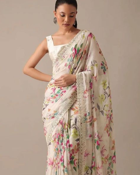 👇🏻 saree details & pricing 👇🏻💸 _New Launch_ *🌿White Floral-2 Sarees 🌿* *😍Summer Special Collection😍* 📝*Description*📝 Looking some one for this same colour beautiful Saree for wedding on premium Soft Pure Georgette Chiffon fabric Saree with C-pallu All Over Digital Print Embroidery Work & Cutwork Border and Embroidery Work Butti blouse. 🥻🥻 *Saree*🥻🥻 Fabric. :- Pure Soft Georgette chiffon Work :- Digital Print with Codding Embroidery Sequins work Cut work border Cut :- 5.5 mtr *👚👚B... Saree For Wedding, Pure Chiffon Sarees, Floral Saree, White Saree, Pure Chiffon, Printed Saree, Chiffon Saree, Printed Sarees, Floral Chiffon