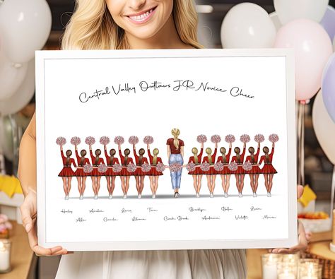 Personalized Cheer picture - a unique cheer gift for team in bulk with a wow-effect that you will remember. This cheerleader print makes an unforgettable cheer team gift, cheerleader gift, cheer team picture and cheerleading gift. ❤ HOW TO ORDER ❤ Quote & Tag Line: Background: Left to right Person 1 Name: Skin Tone: Uniform: Stripes: Poms: Hair: ------ Person 2 Name: Skin Tone: Uniform: Stripes: Poms: Hair: Etc. ★ Please ensure to double-check your personalization before you place your order. ★ Cheerleading Gifts For Team, Cheer Team Gift, Cheerleader Gift, Cheer Team Pictures, Cheer Banquet, Kids Cheering, Cheerleader Gifts, Cheer Team Gifts, Cheer Captain