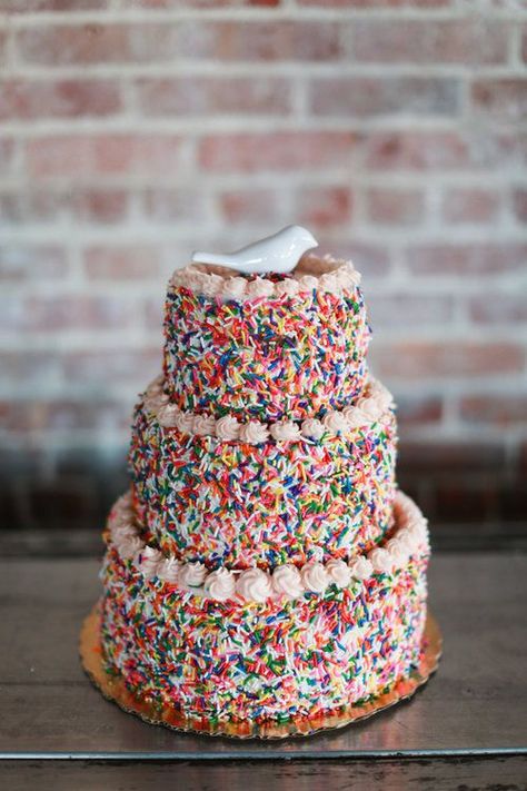 Funfetti Wedding Cake, Sprinkle Wedding Cakes, Drake Cake, Real Life Couple, Bohemian Wedding Cake, Porch Wedding, Cake Styles, Unfrosted Cake, Butter Scotch