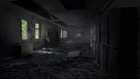 Abandoned school, victor mosquera on ArtStation at https://www.artstation.com/artwork/RQgm Victor Mosquera, Dark Apocalypse, Zombie Background, Anime Bedrooms, Gacha Life Background, Zombie School, Leave Of Absence, Apocalyptic Wasteland, Life Background