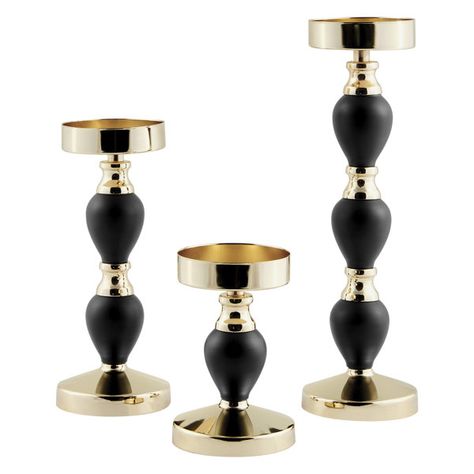 Willa Arlo Interiors Talia Black and Gold Candlestick Taper Candle Holders - Set of 3 & Reviews | Wayfair Elegant Candle Holders, Small Candle Holders, Gold Candle Sticks, Gold Candle Holders, Silver Candlesticks, Mantle Piece, Metal Candlesticks, Elegant Aesthetic, Taper Candle Holders