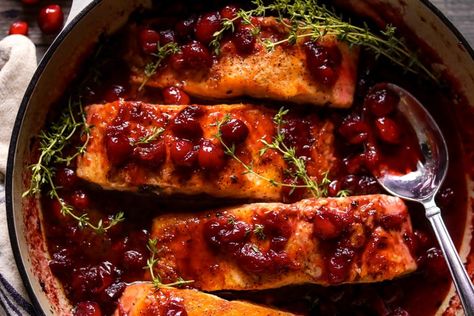 one skillet cranberry braised salmon - The Foul-Mouth Gourmet Salmon Cranberry Recipes, Salmon With Cranberry Sauce, Cranberry Salmon Recipes, Christmas Salmon Recipe, Cranberry Salmon, Braised Salmon, Sous Vide Salmon Recipes, Christmas Salmon, Orange Glazed Salmon