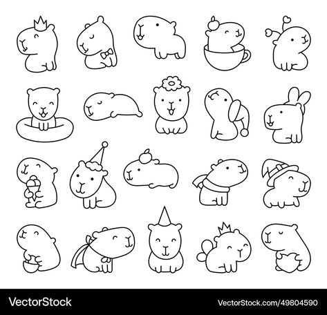 How To Draw A Capybara, Capybara Coloring Page, Capybara Drawing, Capybara Cartoon, Kawaii Capybara, Drawing Collection, Funny Characters, Cartoon Kawaii, Mini Cakes Birthday