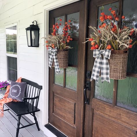 How to Make a Fall Basket Wreath - Beneath My Heart Diy Fall Hanging Basket Ideas, Fall Outdoor Decorations Front Porches, Front Door Fall Decor Ideas, Fall Outdoor Decor Porch, Door Baskets, Front Door Baskets, Fall Basket, Fall Front Porch Decor Ideas, Outdoor Decor Ideas