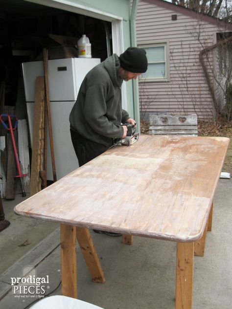 Sanding Farmhouse Table Top | Prodigal Pieces | www.prodigalpieces.com Limewash Table Top, Limewash Wood, Shortening Jeans, Farmhouse Table Makeover, Farmhouse Table Top, Pine Table And Chairs, Wood Farmhouse Table, White Washed Pine, End Table Makeover