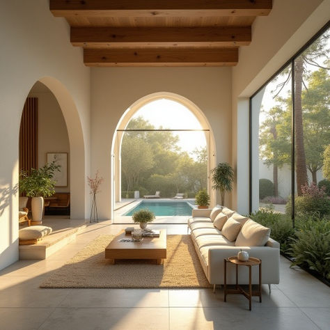 dream house living room #AI with pool, large windows, arches, high ceilings, lots of natural light, lush garden Arch Living Room, Lots Of Natural Light, Dream House Living Room, Steel Floor, Dream Life House, House Living Room, High Ceilings, Arched Windows, Lush Garden