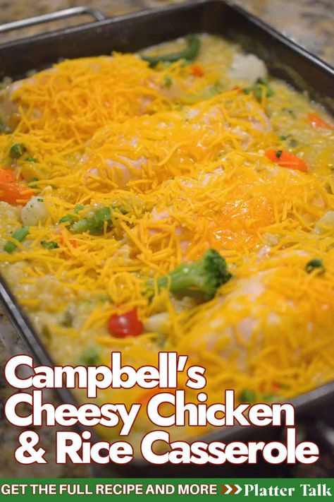 Campbell's Creamy Chicken and Rice Casserole Campbells Cheesy Chicken And Rice, Campbells Chicken And Rice Casserole Recipes Easy, Cambell Recipes Chicken And Rice, Campbells Cream Of Chicken Recipes, Campbells Chicken And Rice Casserole, Campbells Chicken And Rice, Easy Dinner Casserole Recipes, Creamy Chicken And Rice Casserole, Cheesy Chicken And Rice Casserole