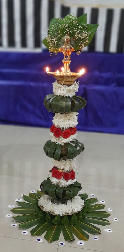 Easy and simple decoration Lamp Decoration For Pooja, Kuthu Vilaku Decoration With Flowers, Lamp Decoration Ideas For Pooja, Deepam Decoration Ideas, Samai Decoration With Flowers, Samai Decoration Idea, Goddess Decor Ideas, Samay Decoration, Mahalakshmi Decoration At Home