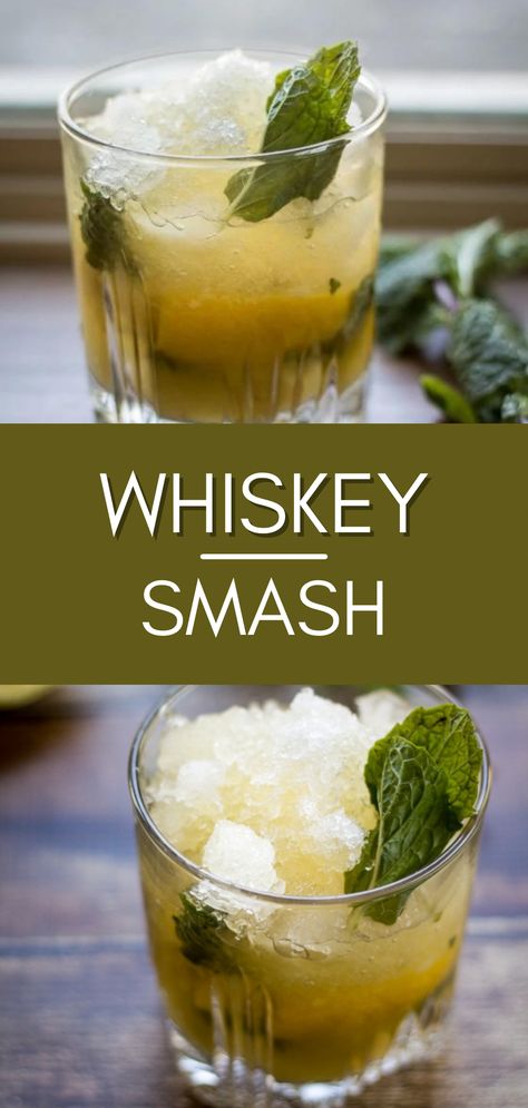 A whiskey smash is named for the sweet muddling action that goes on between the sugar, lemon, and fresh mint leaves. Think “flavor orgy.” Whoa, I took that one a little far, didn’t I? Maybe it’s the whiskey. Whiskey Smash Recipe, Mash Recipes, Bartending Tips, Whiskey Smash, Cocktail Recipes Whiskey, Mint Simple Syrup, Mash Recipe, Easy Cocktail, Bourbon Drinks