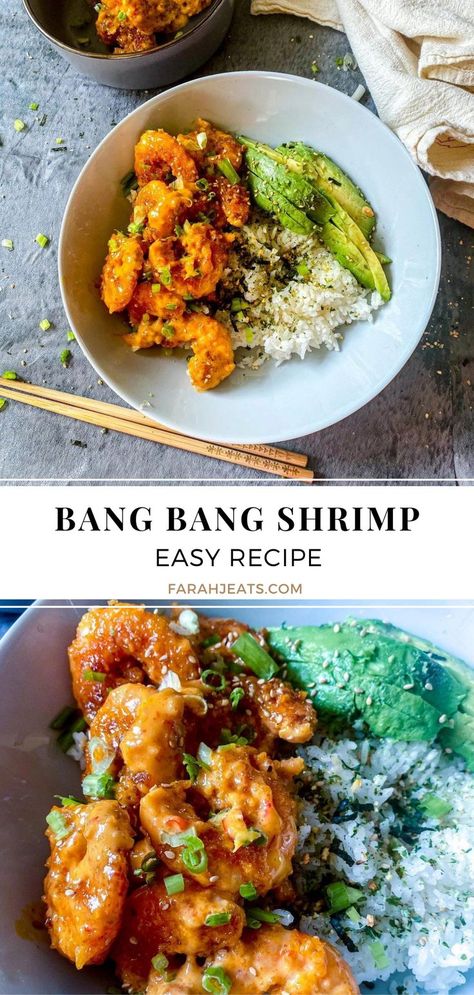 2 photos of plated easy bang bang shrimp. Top photo has a white bowl containing white rice, a serving of bang bang shrimp, sliced avocados, garnished with roasted seaweed and green onions. On the side is a pair of wooden chopsticks, a bowl of more shrimp, and a white cloth. The bottom photo is a close up of the white bowl. Popcorn Shrimp Meals Dinners, Popcorn Shrimp Meals, Tiny Shrimp Recipes, Simple Seafood Boil, Meals With Shrimp, Recipes For Dinner Shrimp, Easy Bang Bang Shrimp, Bang Bang Shrimp Tacos, Baby Shrimp Recipes