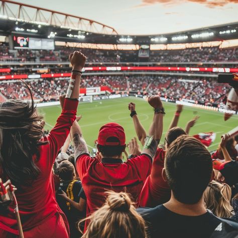 Energetic Football Fans: Excited football fans cheer passionately in a packed stadium during an intense and thrilling match. #stadium #football #fans #excitement #cheering #sports #event #crowd #aiart #aiphoto #stockcake https://ayr.app/l/uSU2 Football Fans In Stadium, Football Viewing Party, Casual Football, Focus Pictures, Football Champions, Alucard Mobile Legends, Fan Image, Football Photography, Big Crowd