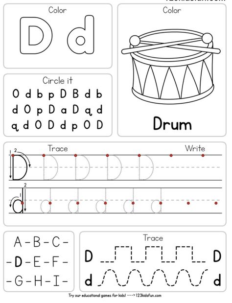 Letter D Worksheets Preschool, Letter D Activities For Preschool, Letter D Worksheet, Preschool Rules, Color Worksheets For Preschool, Kids Handwriting Practice, Preschool Activities Printable, Letter Worksheets For Preschool, Kids Handwriting