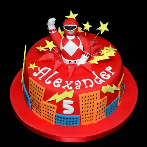 A Power Ranger's birthday cake with Red Power Ranger bursting out of the top of the cake. Red Power Ranger Cake, Power Ranger Birthday Cake, Power Rangers Birthday Cake, Red Power Ranger, Power Ranger Cake, Ninja Cake, Tmnt Cake, Power Ranger Party, Power Ranger Birthday