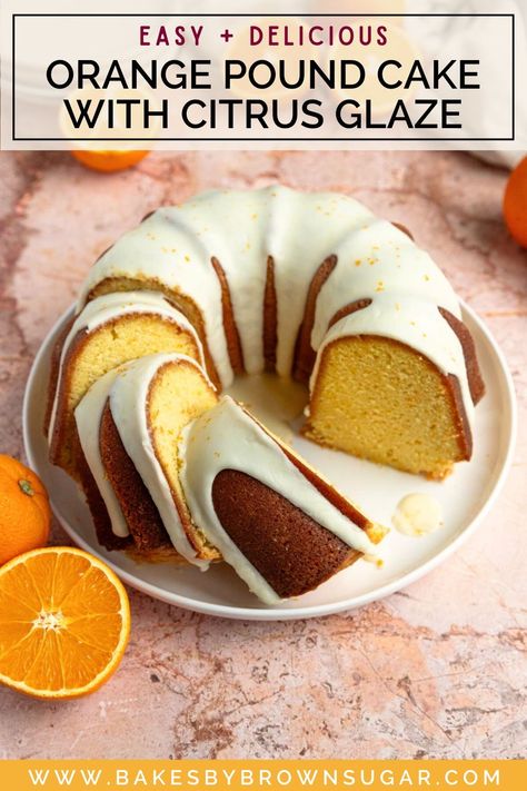 Get ready to indulge in this irresistibly moist and tender Orange Pound Cake with Citrus Glaze! Packed with the zing of orange zest and fresh orange juice, it's the ultimate easy dessert to impress your family and friends. Get the recipe at Bakes by Brown Sugar and make this cake your next weekend baking project. Easy Orange Pound Cake, Orange Pound Cake Recipe, Orange Juice Cake, Citrus Glaze, Orange Bundt Cake, Orange Pound Cake, Citrus Desserts, Spring Recipes Dessert, Spring Dessert