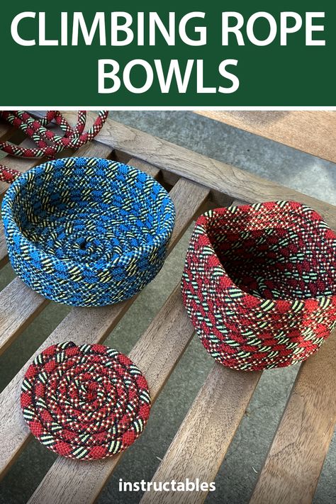 Use a sewing machine to zig-zag stitch retired climbing rope into bowls and other useful things.  #Instructables #upcycle #reuse #sewing #home #decor #storage Repurpose Climbing Rope, Rope Sewing Ideas, Rope Ideas Diy, Climbing Rope Rug, Climbing Rope Diy, Upcycled Climbing Rope, Old Climbing Rope Ideas, Recycled Climbing Rope, Climbing Rope Crafts