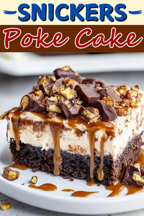 Snickers poke cake combines rich devil's food cake with gooey caramel, sweetened condensed milk, and chunks of everyone's favorite candy bar. Kit Kat Poke Cake, Devils Food Poke Cake, Poke Cakes Recipes Easy, Devils Food Cake Mix Recipe Ideas, Poke Cake Recipes Condensed Milk, Caramel Sweetened Condensed Milk, Snickers Poke Cake, Church Desserts, Condensed Milk Recipes Desserts