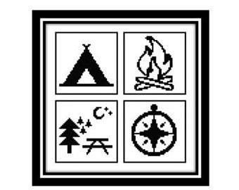 Camping Cross Stitch Patterns, Cross Stitch Camping, Travel Symbols, Holiday Cross Stitch, Ski Holidays, Holiday Vacation, Winter Travel, Perler Beads, Campfire